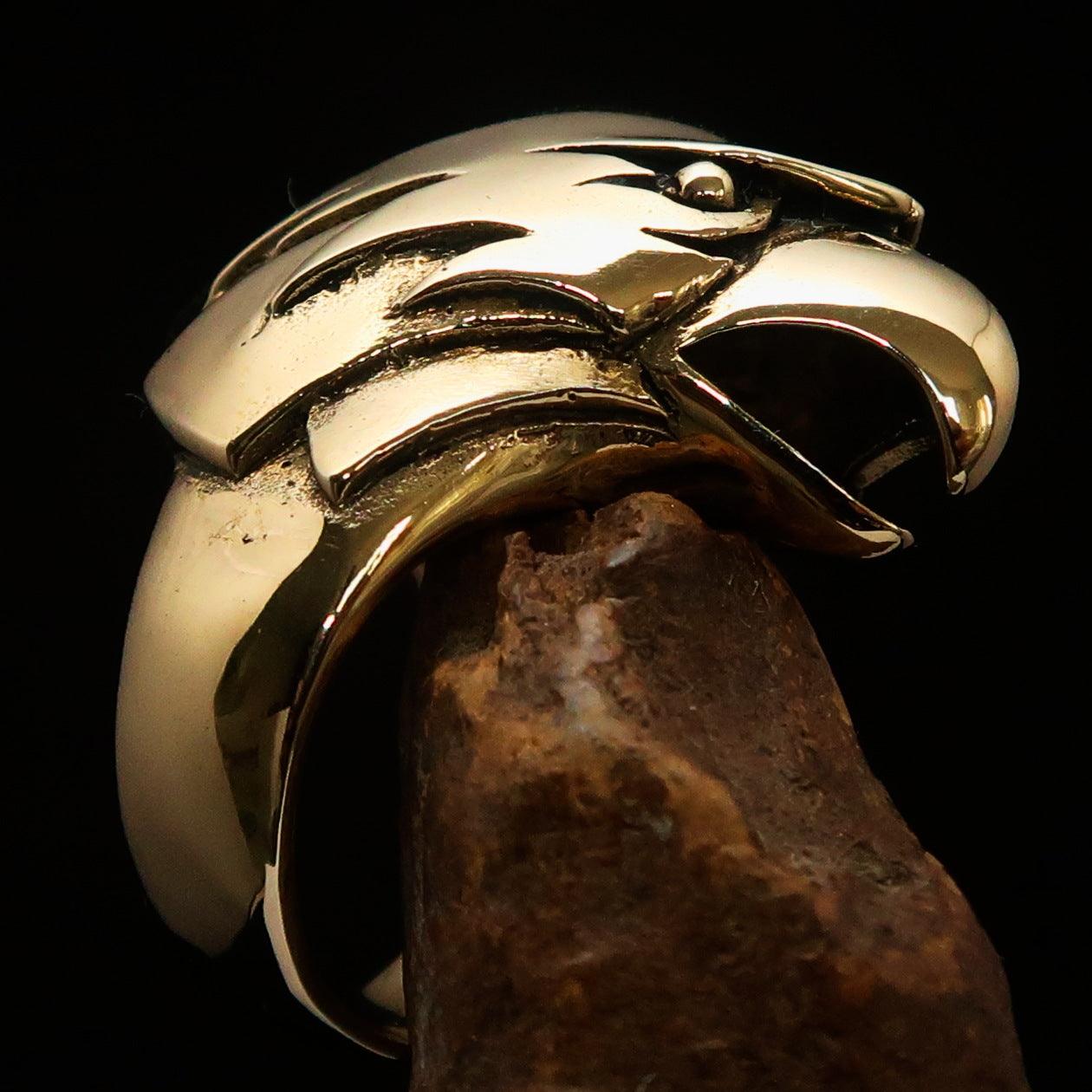 Men's Falcon Hawk Head Ring made of antiqued brass, featuring a detailed falcon head design, showcasing elegance and strength.