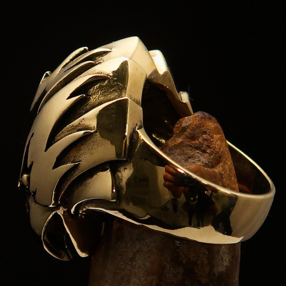 Men's Falcon Hawk Head Ring made of antiqued brass, featuring a detailed falcon head design, showcasing elegance and strength.