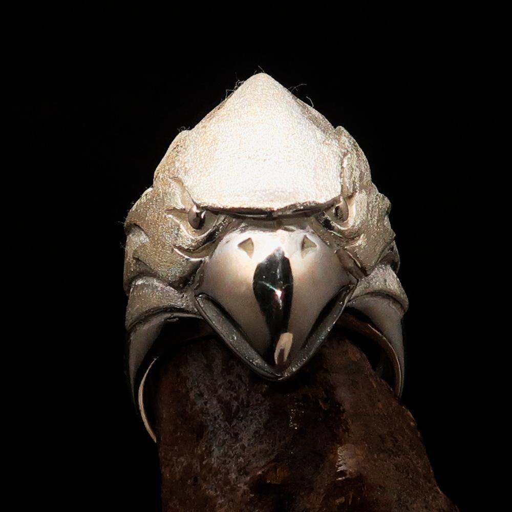 Men's Falcon Head Ring made of sterling silver with a matte finish, showcasing intricate falcon head design and polished details.