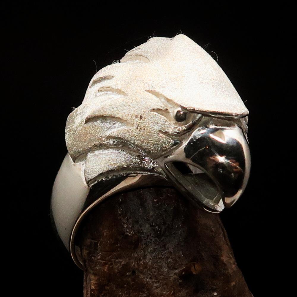 Men's Falcon Head Ring made of sterling silver with a matte finish, showcasing intricate falcon head design and polished details.