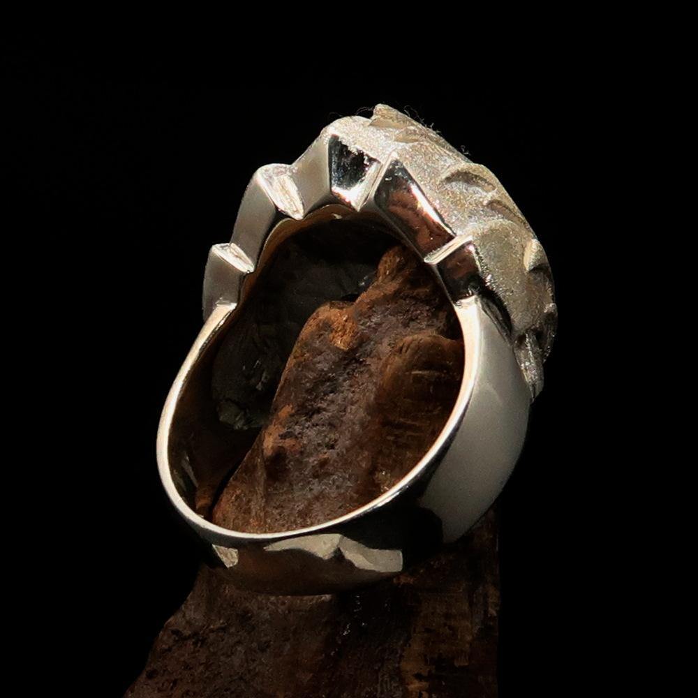 Men's Falcon Head Ring made of sterling silver with a matte finish, showcasing intricate falcon head design and polished details.