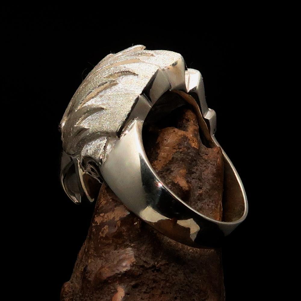 Men's Falcon Head Ring made of sterling silver with a matte finish, showcasing intricate falcon head design and polished details.