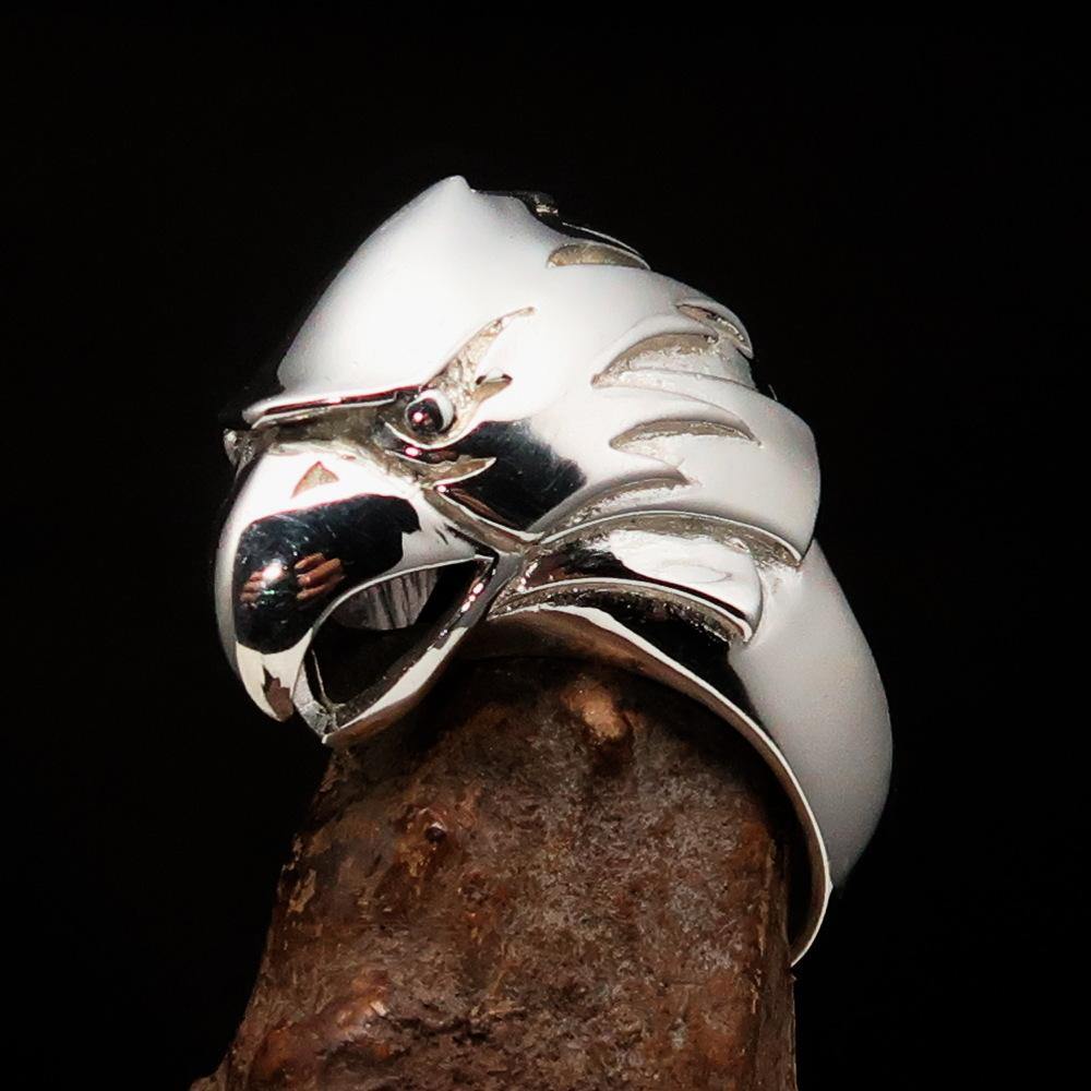 Men's Falcon Head Ring made of mirror-polished sterling silver, featuring an intricate falcon head design, symbolizing strength and power.