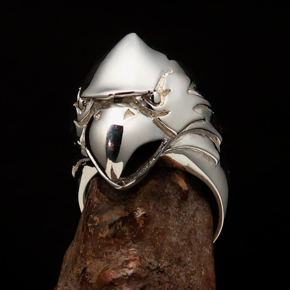 Men's Falcon Head Ring made of mirror-polished sterling silver, featuring an intricate falcon head design, symbolizing strength and power.