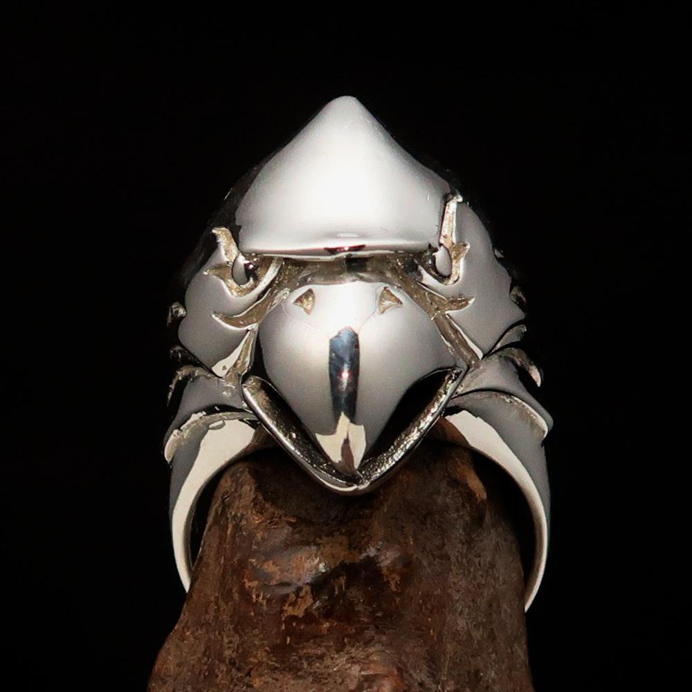 Men's Falcon Head Ring made of mirror-polished sterling silver, featuring an intricate falcon head design, symbolizing strength and power.