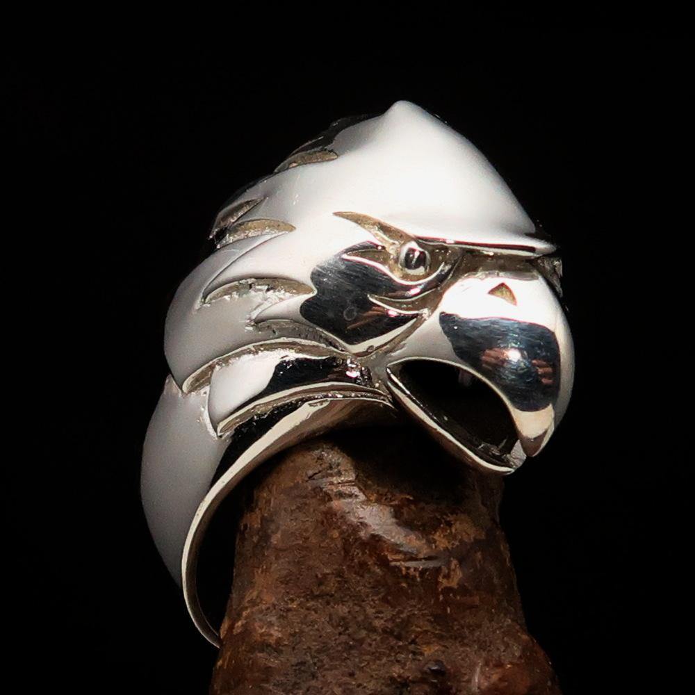 Men's Falcon Head Ring made of mirror-polished sterling silver, featuring an intricate falcon head design, symbolizing strength and power.