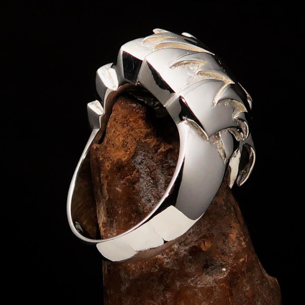 Men's Falcon Head Ring made of mirror-polished sterling silver, featuring an intricate falcon head design, symbolizing strength and power.