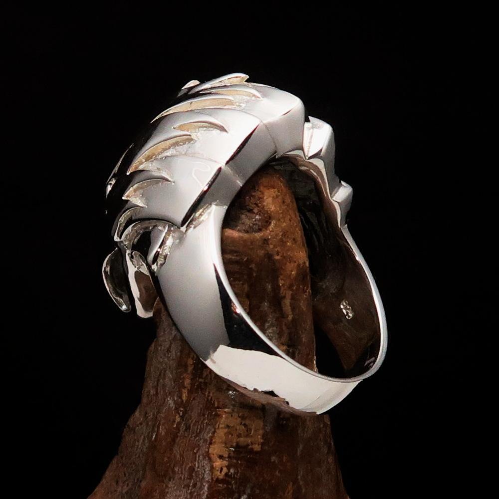 Men's Falcon Head Ring made of mirror-polished sterling silver, featuring an intricate falcon head design, symbolizing strength and power.