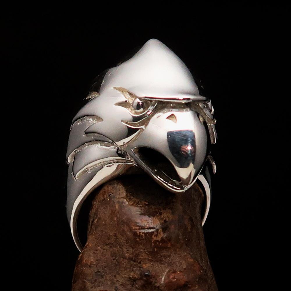 Men's Falcon Head Ring made of mirror-polished sterling silver, featuring an intricate falcon head design, symbolizing strength and power.