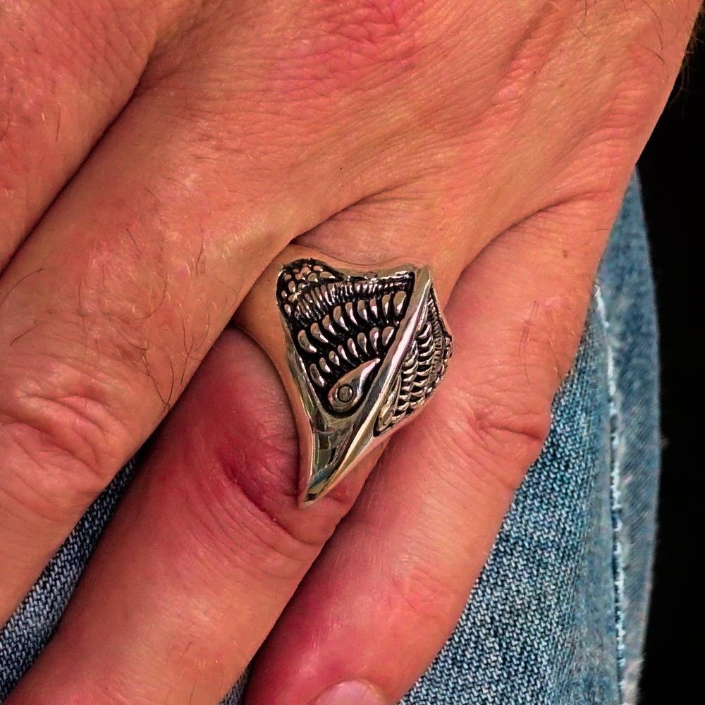 Men's Firebird Ring made of Sterling Silver featuring an ancient Phoenix design, polished and antiqued finish.