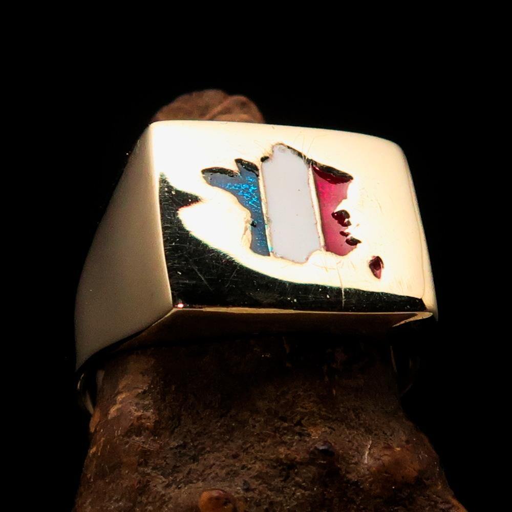 Men's French National Flag Ring made of solid brass with high polish and enamel, featuring the RCRN logo engraved.