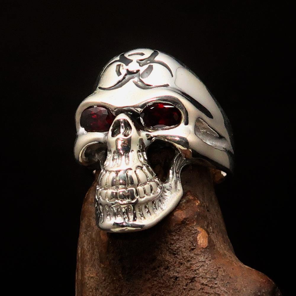 Men's Gamer Ring featuring a black Biohazard Skull with red CZ eyes, crafted from solid sterling silver.