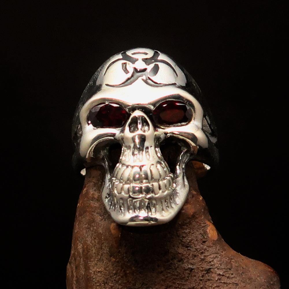 Men's Gamer Ring featuring a black Biohazard Skull with red CZ eyes, crafted from solid sterling silver.