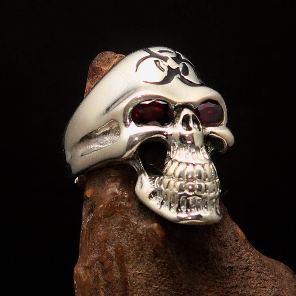 Men's Gamer Ring featuring a black Biohazard Skull with red CZ eyes, crafted from solid sterling silver.