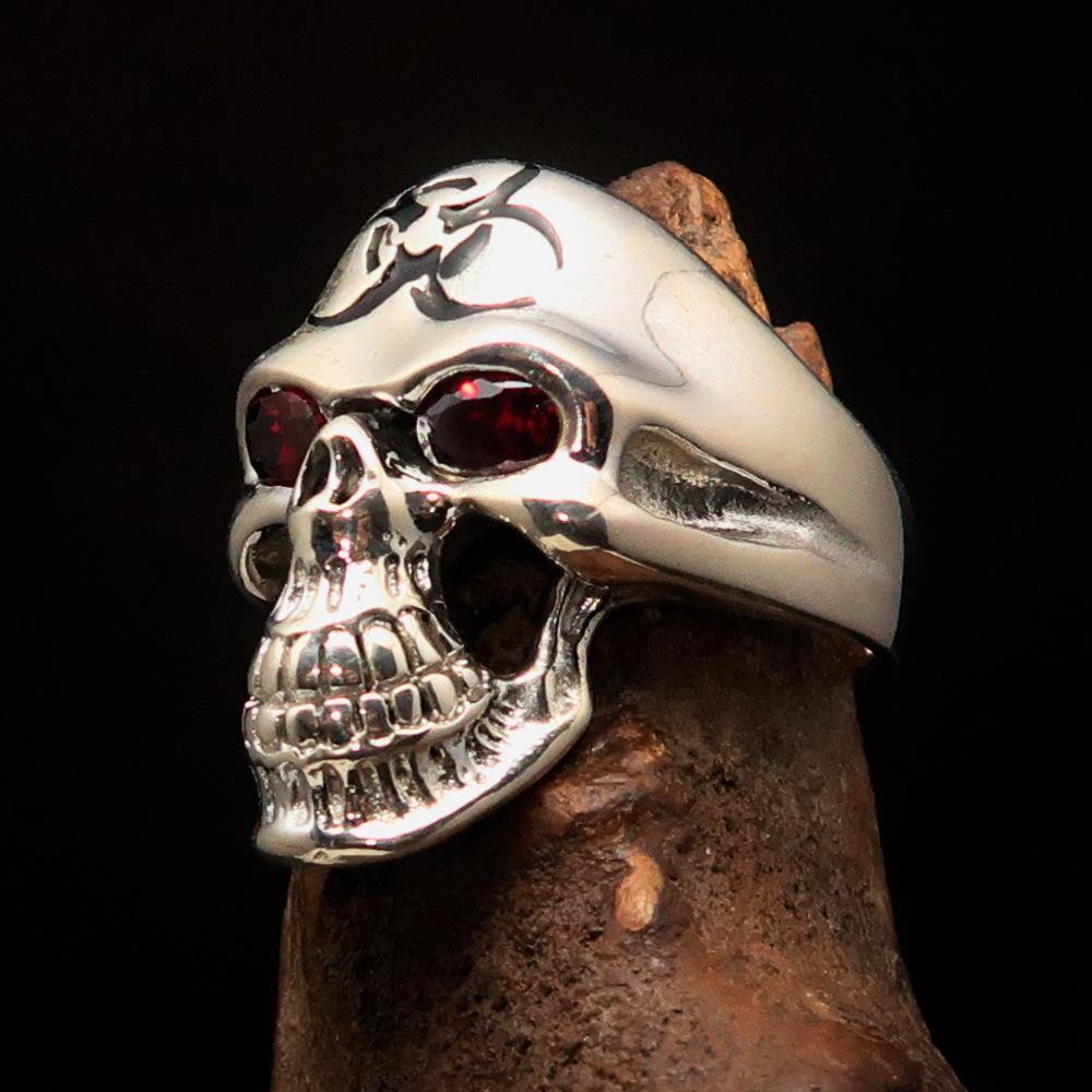 Men's Gamer Ring featuring a black Biohazard Skull with red CZ eyes, crafted from solid sterling silver.