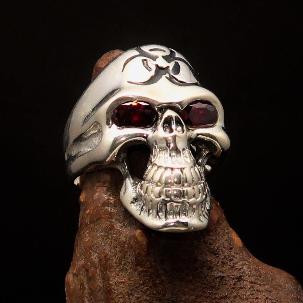 Men's Gamer Ring featuring a black Biohazard Skull with red CZ eyes, crafted from solid sterling silver.