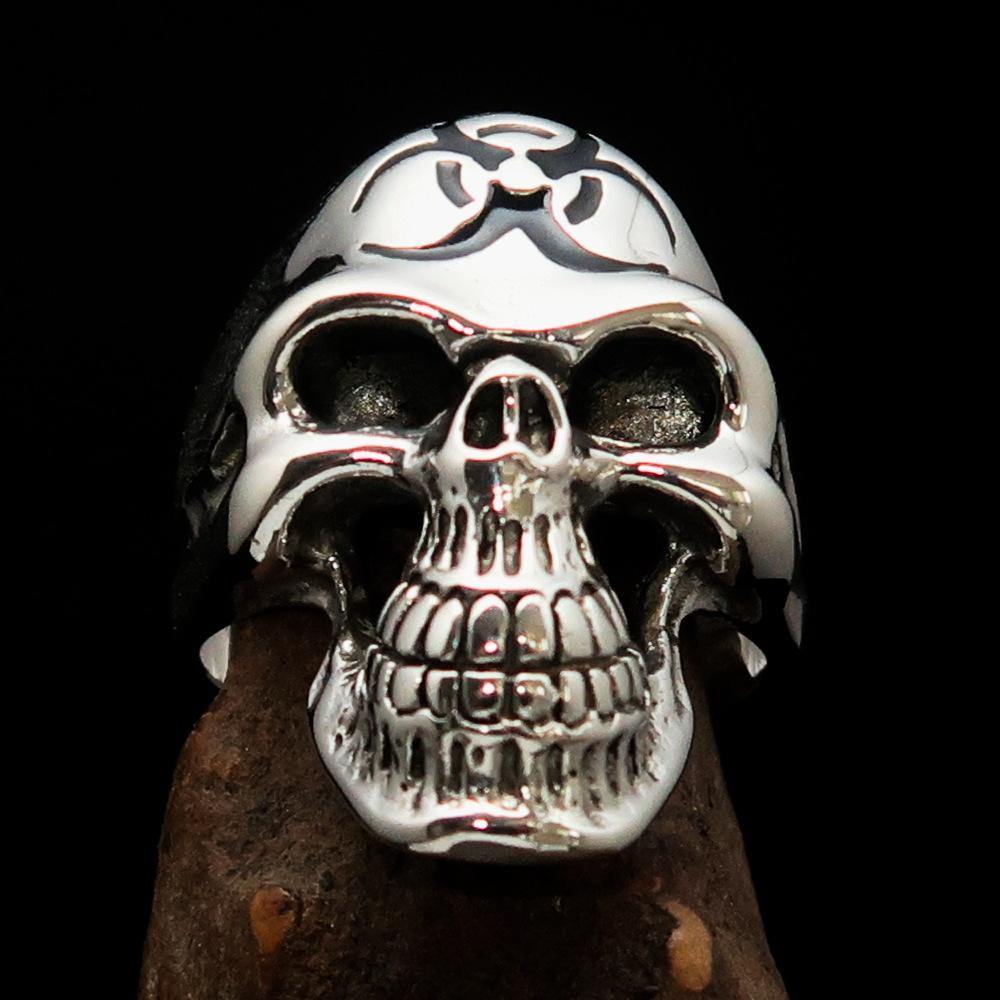 Men's Gamer Ring made of sterling silver featuring a black Biohazard Skull design, polished finish, and hallmarked 925.