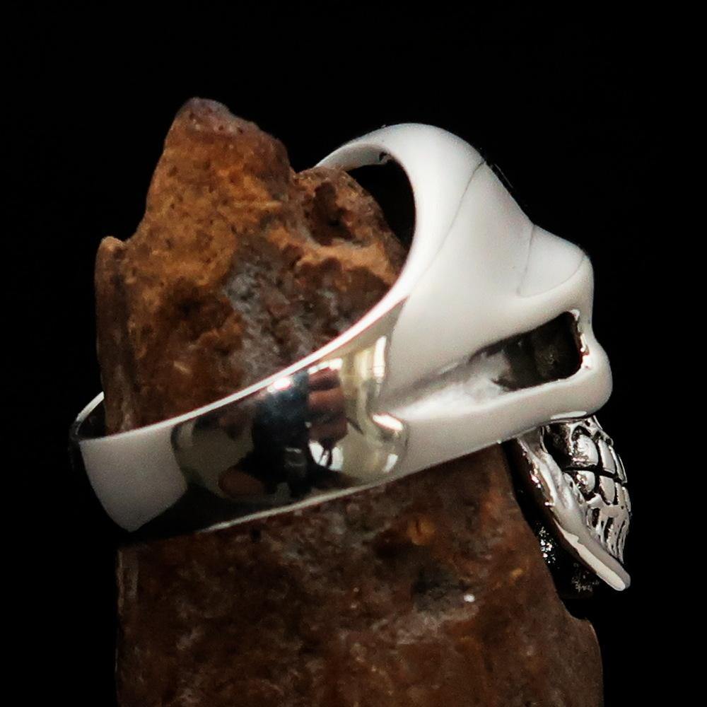 Men's Gamer Ring made of sterling silver featuring a black Biohazard Skull design, polished finish, and hallmarked 925.