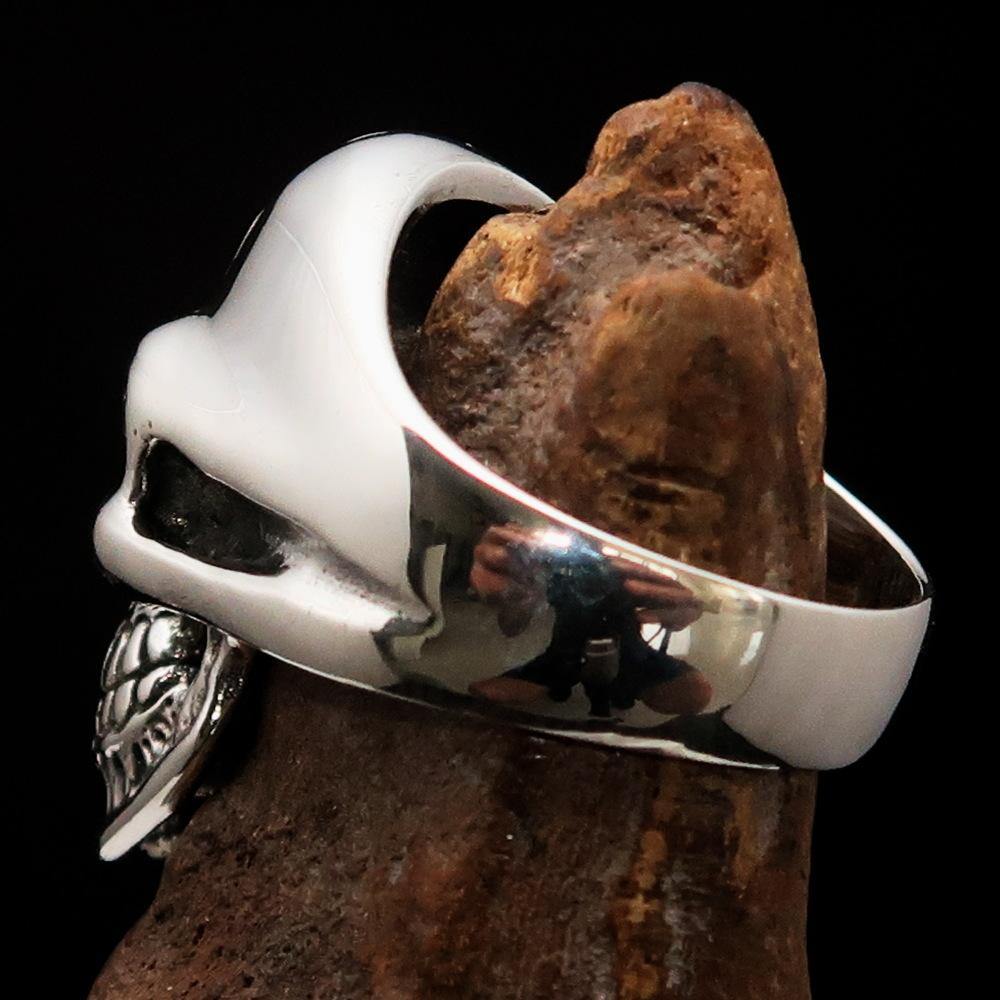 Men's Gamer Ring made of sterling silver featuring a black Biohazard Skull design, polished finish, and hallmarked 925.