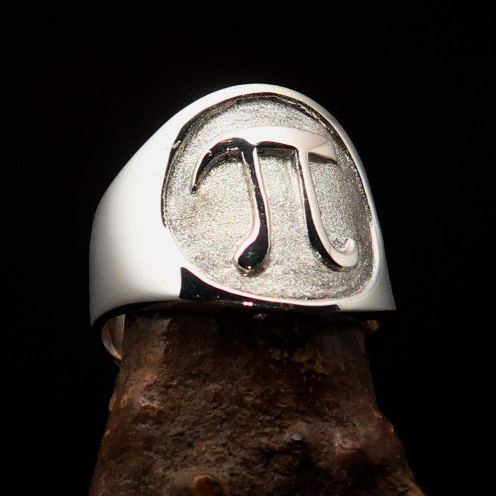 Men's Greek Letter PI Ring in two-tone sterling silver with high polished and matte finish, showcasing its elegant design and hallmark 925.