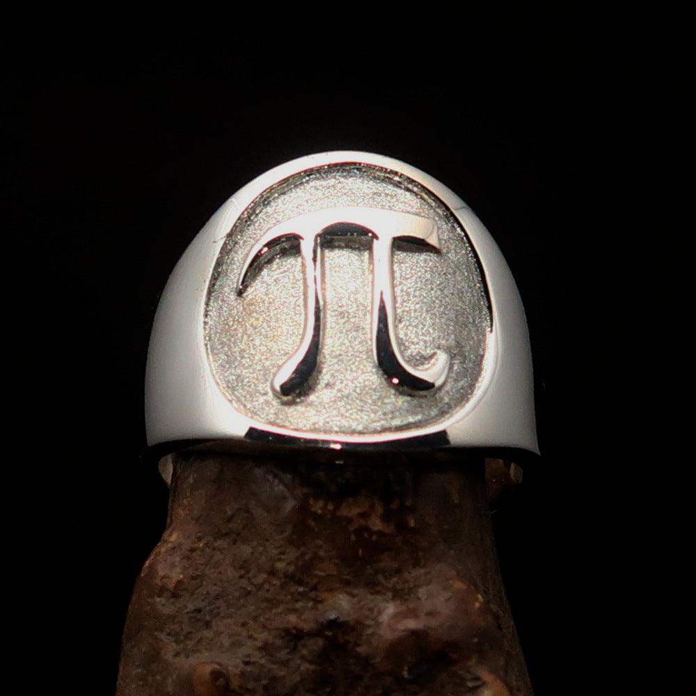 Men's Greek Letter PI Ring in two-tone sterling silver with high polished and matte finish, showcasing its elegant design and hallmark 925.