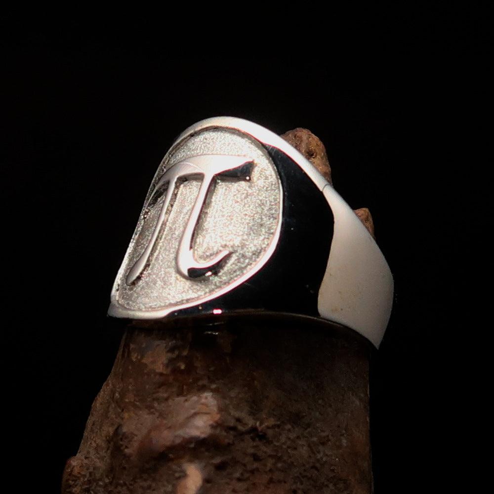 Men's Greek Letter PI Ring in two-tone sterling silver with high polished and matte finish, showcasing its elegant design and hallmark 925.