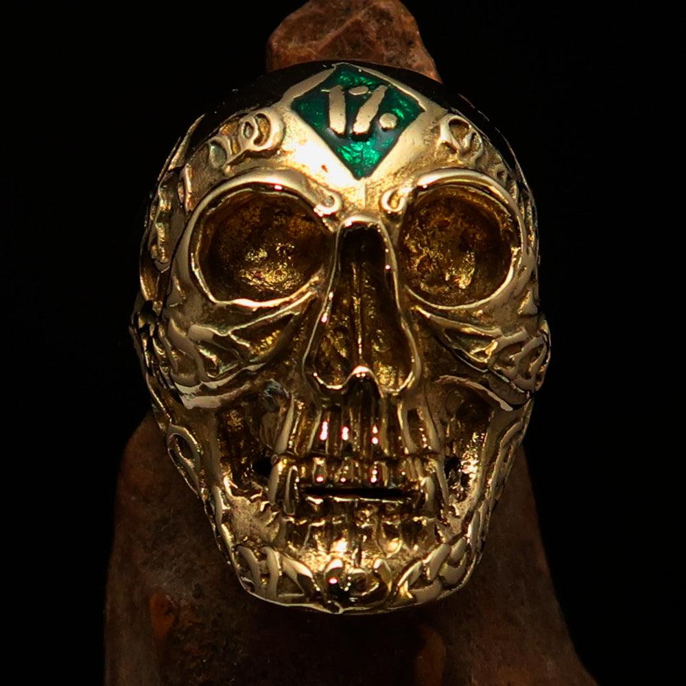 Men's green 1% Runes Skull Outlaw Biker Ring made of solid brass with a mirror-polished finish and green enamel accents.