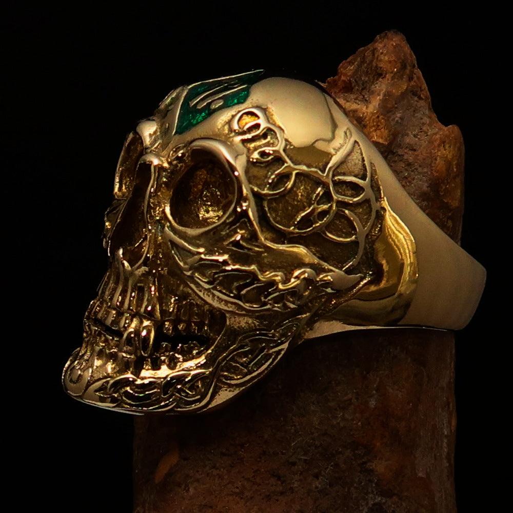 Men's green 1% Runes Skull Outlaw Biker Ring made of solid brass with a mirror-polished finish and green enamel accents.