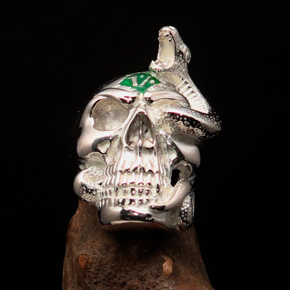 Men's sterling silver outlaw ring featuring a green enamel snake skull design, polished finish, and available in multiple sizes.