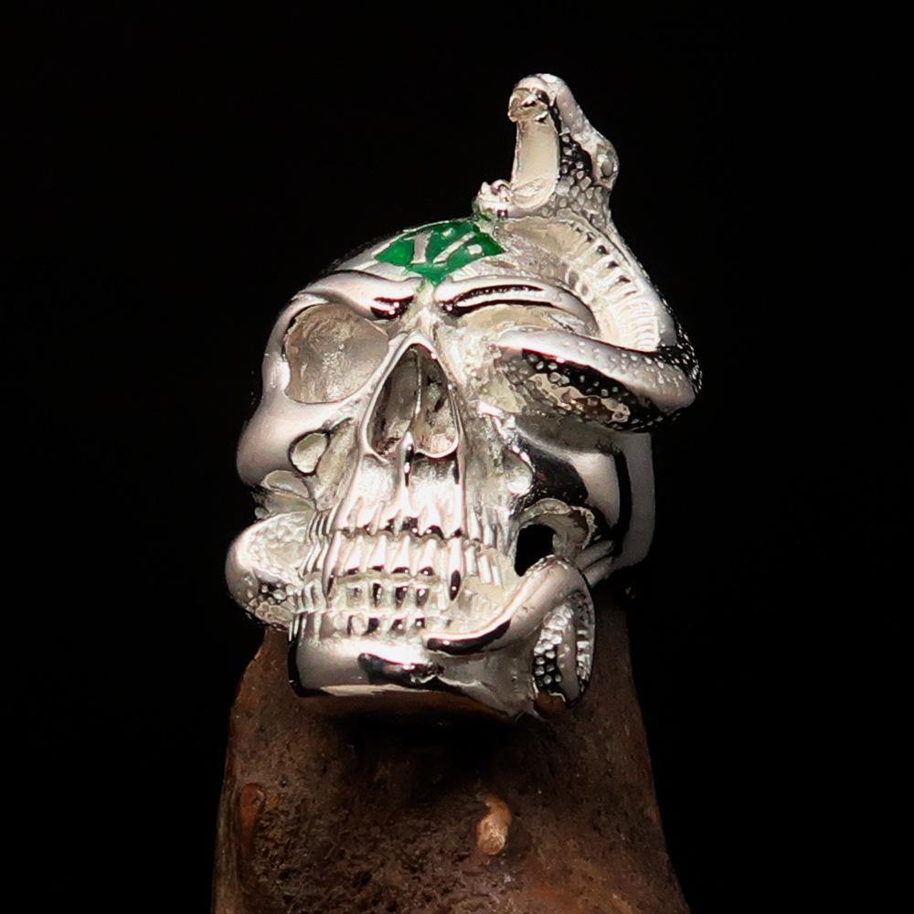 Men's sterling silver outlaw ring featuring a green enamel snake skull design, polished finish, and available in multiple sizes.