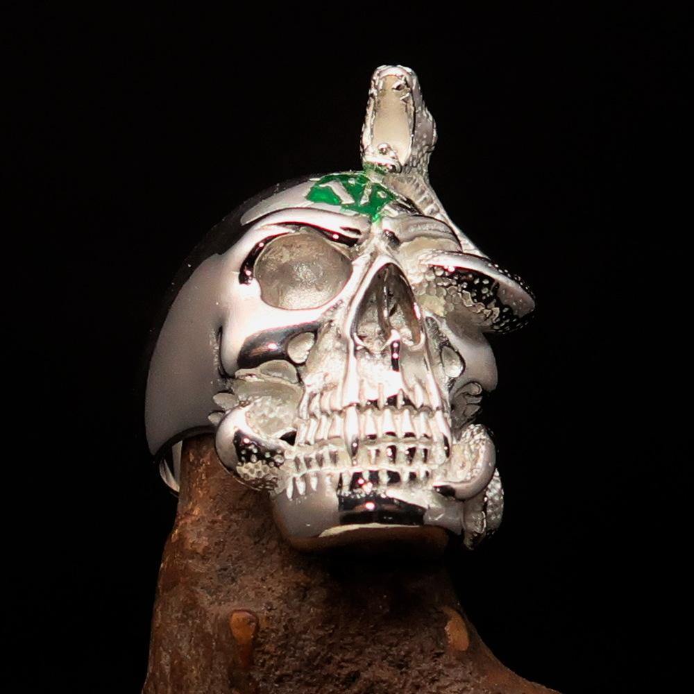 Men's sterling silver outlaw ring featuring a green enamel snake skull design, polished finish, and available in multiple sizes.