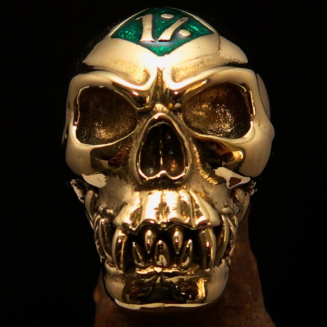 Men's green 1% Zombie Skull Outlaw Biker Ring made of solid brass with a polished finish and green enamel.