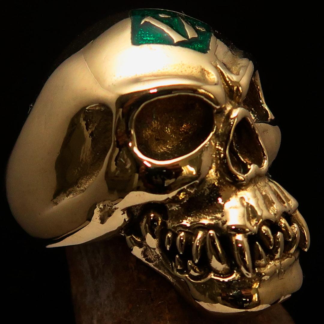 Men's green 1% Zombie Skull Outlaw Biker Ring made of solid brass with a polished finish and green enamel.