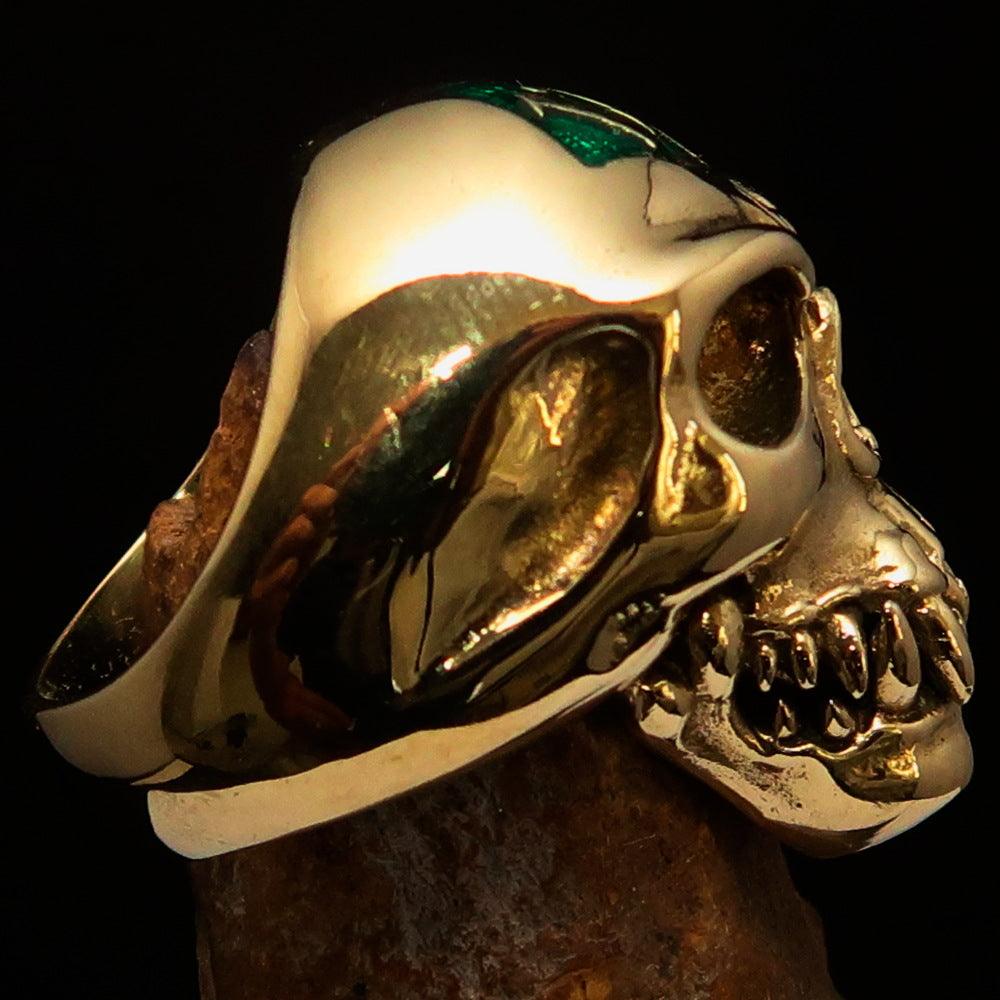 Men's green 1% Zombie Skull Outlaw Biker Ring made of solid brass with a polished finish and green enamel.