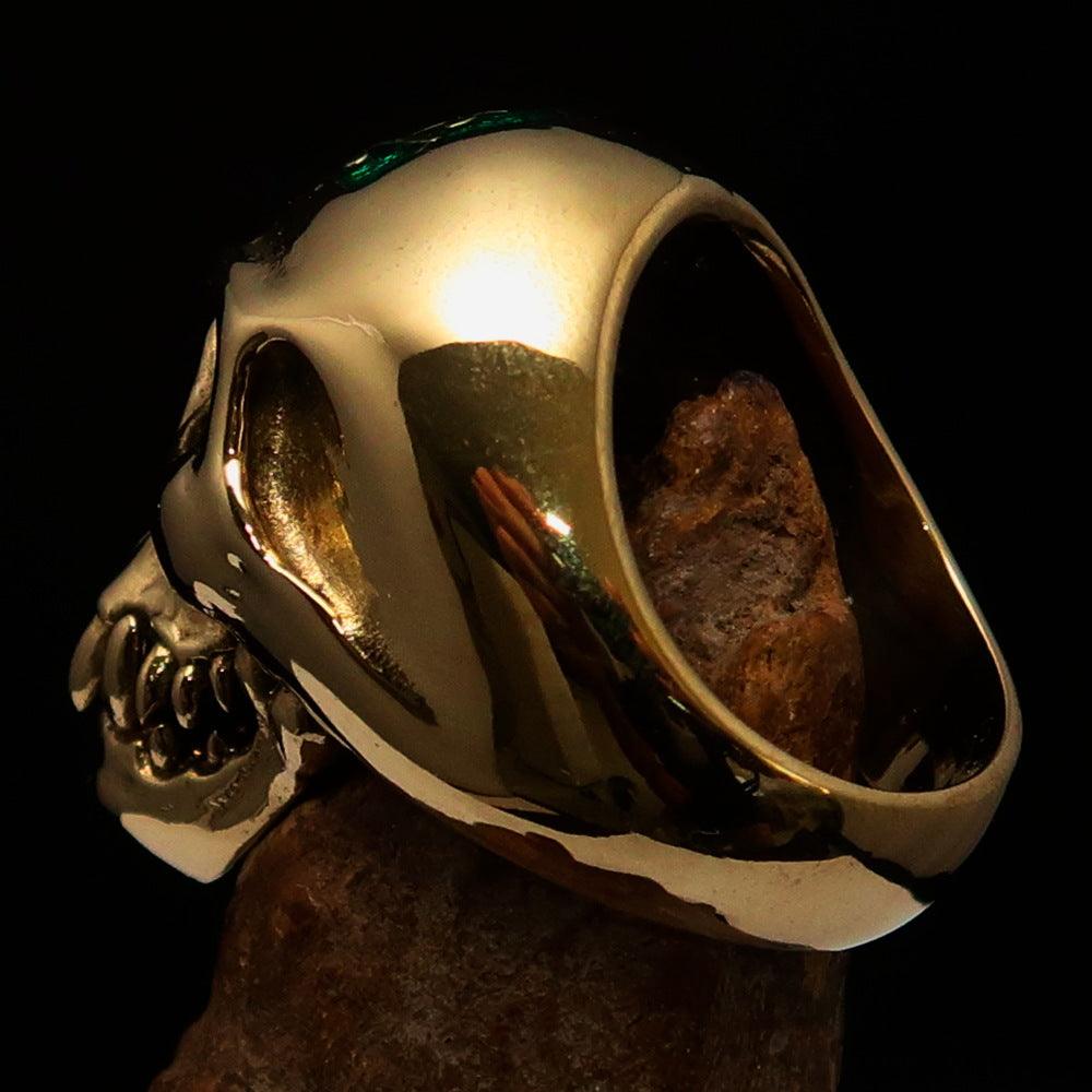 Men's green 1% Zombie Skull Outlaw Biker Ring made of solid brass with a polished finish and green enamel.