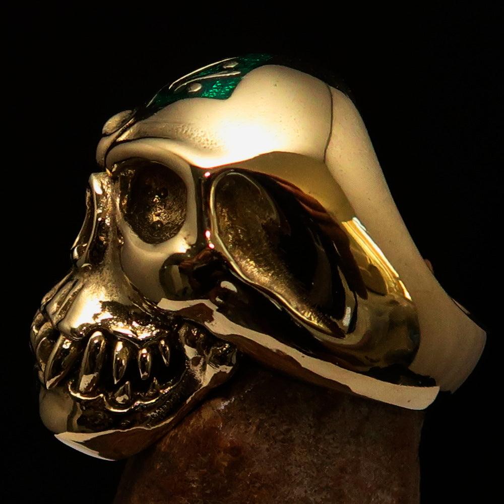 Men's green 1% Zombie Skull Outlaw Biker Ring made of solid brass with a polished finish and green enamel.