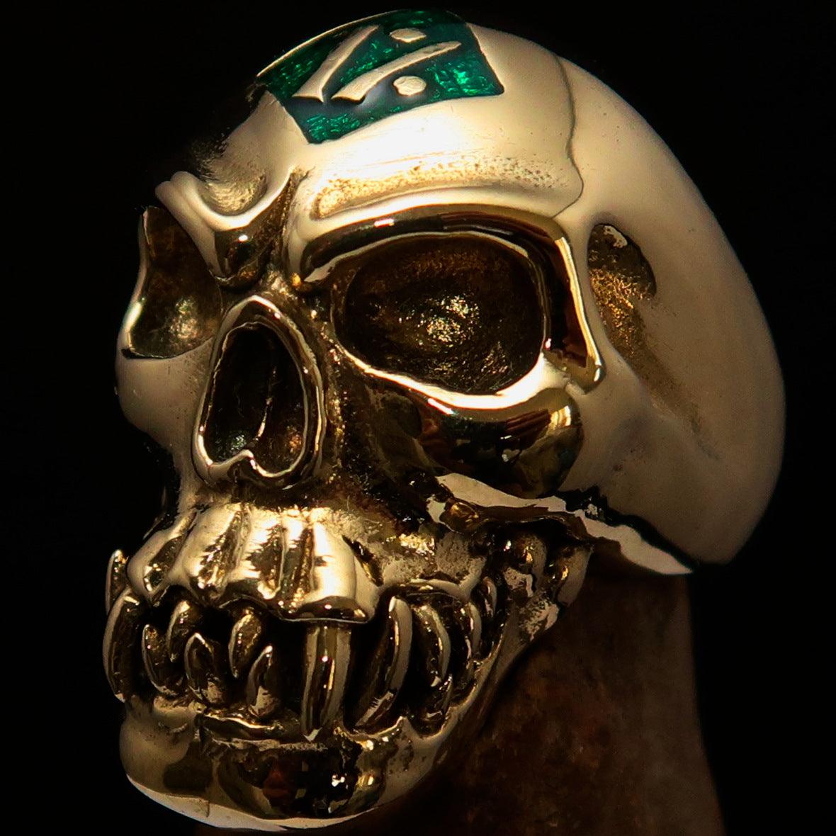 Men's green 1% Zombie Skull Outlaw Biker Ring made of solid brass with a polished finish and green enamel.