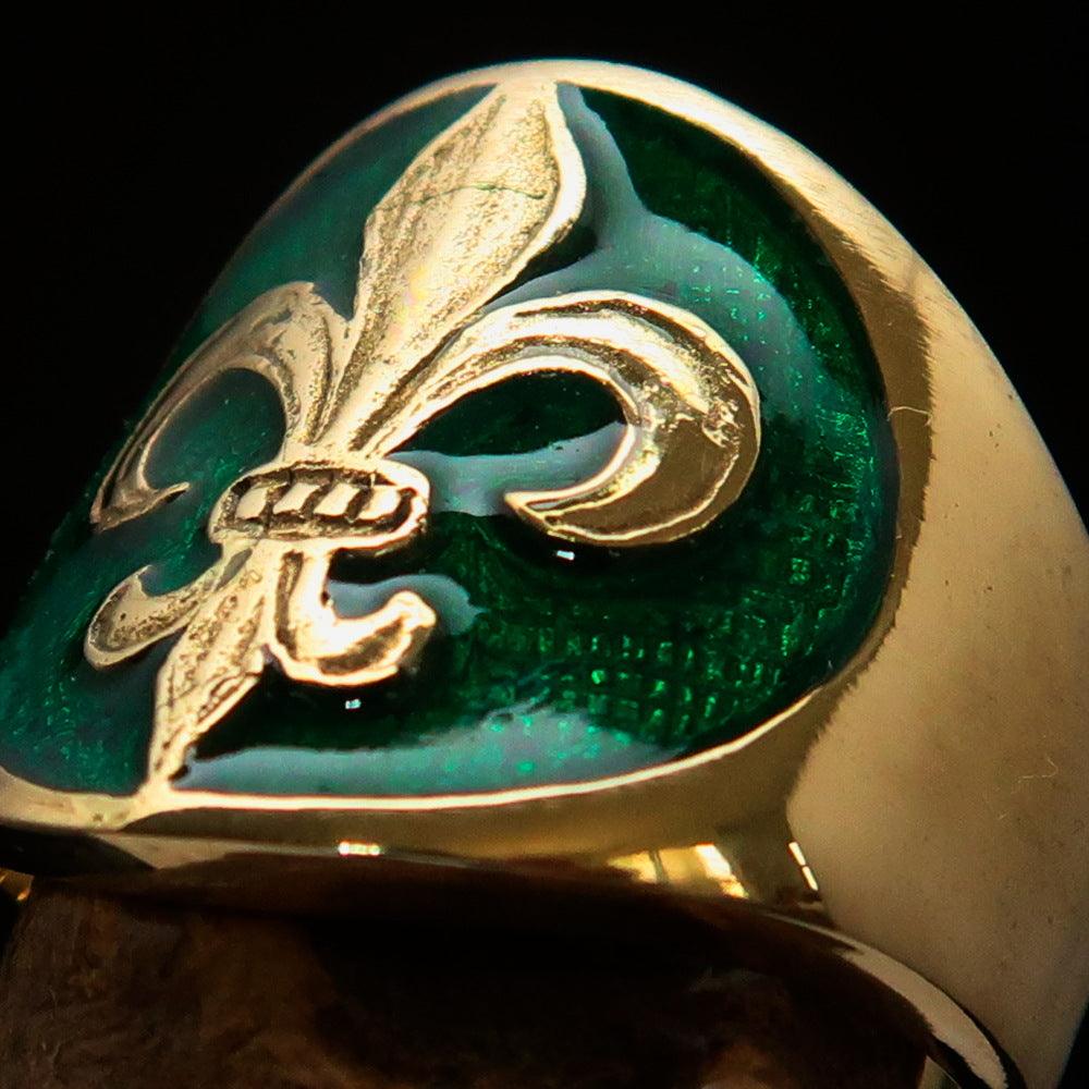 Men's green Fleur de Lis Seal Pinky Ring made of solid brass with high polish and green enamel detailing.