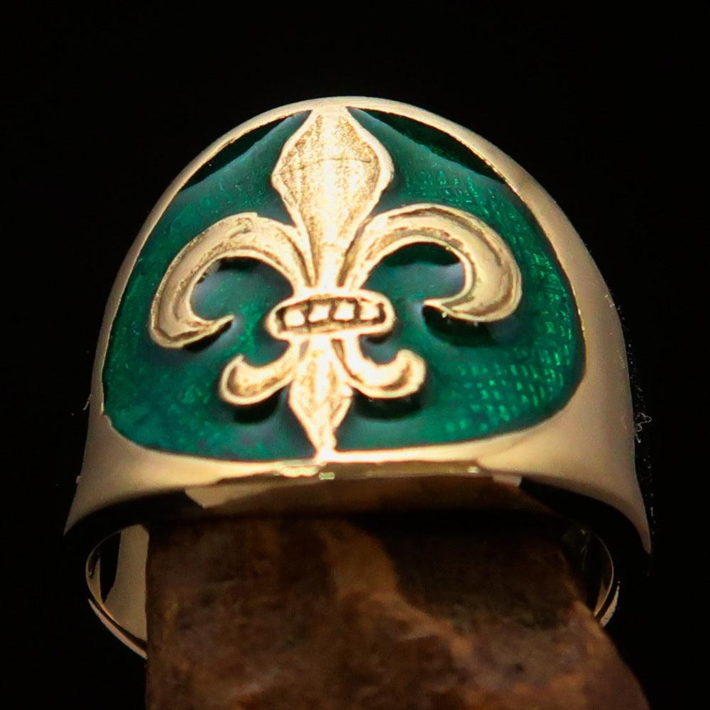 Men's green Fleur de Lis Seal Pinky Ring made of solid brass with high polish and green enamel detailing.