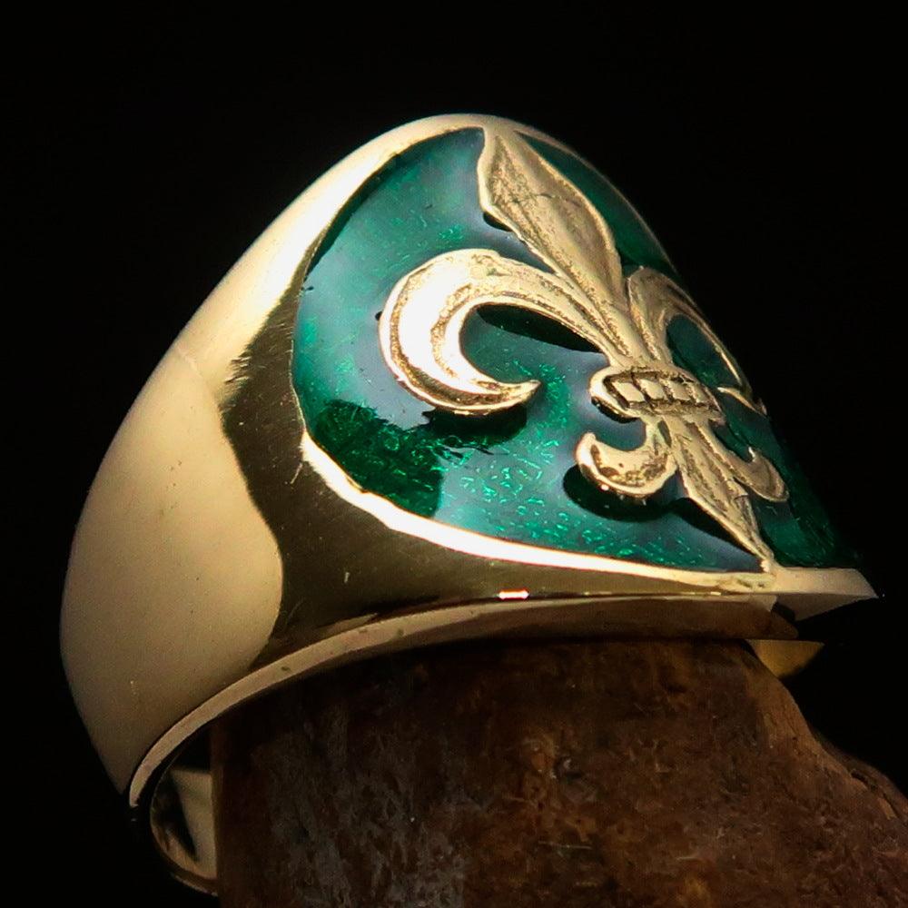 Men's green Fleur de Lis Seal Pinky Ring made of solid brass with high polish and green enamel detailing.