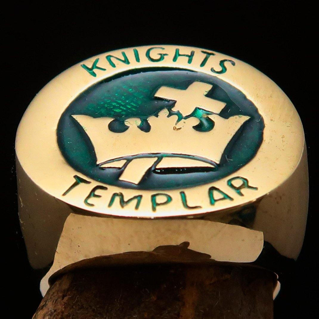 Men's Green Knights Templar Ring made of solid brass with cross and crown design, featuring vibrant green enamel.