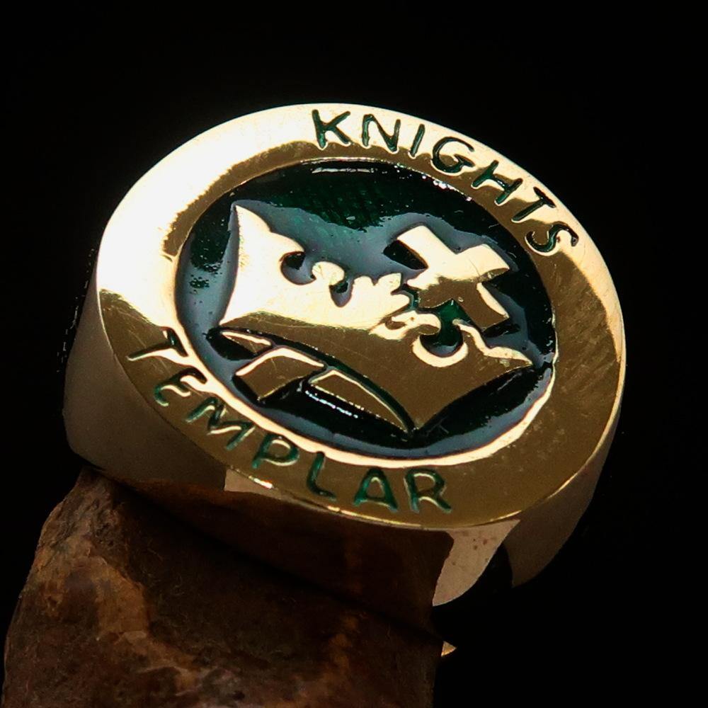 Men's Green Knights Templar Ring made of solid brass with cross and crown design, featuring vibrant green enamel.