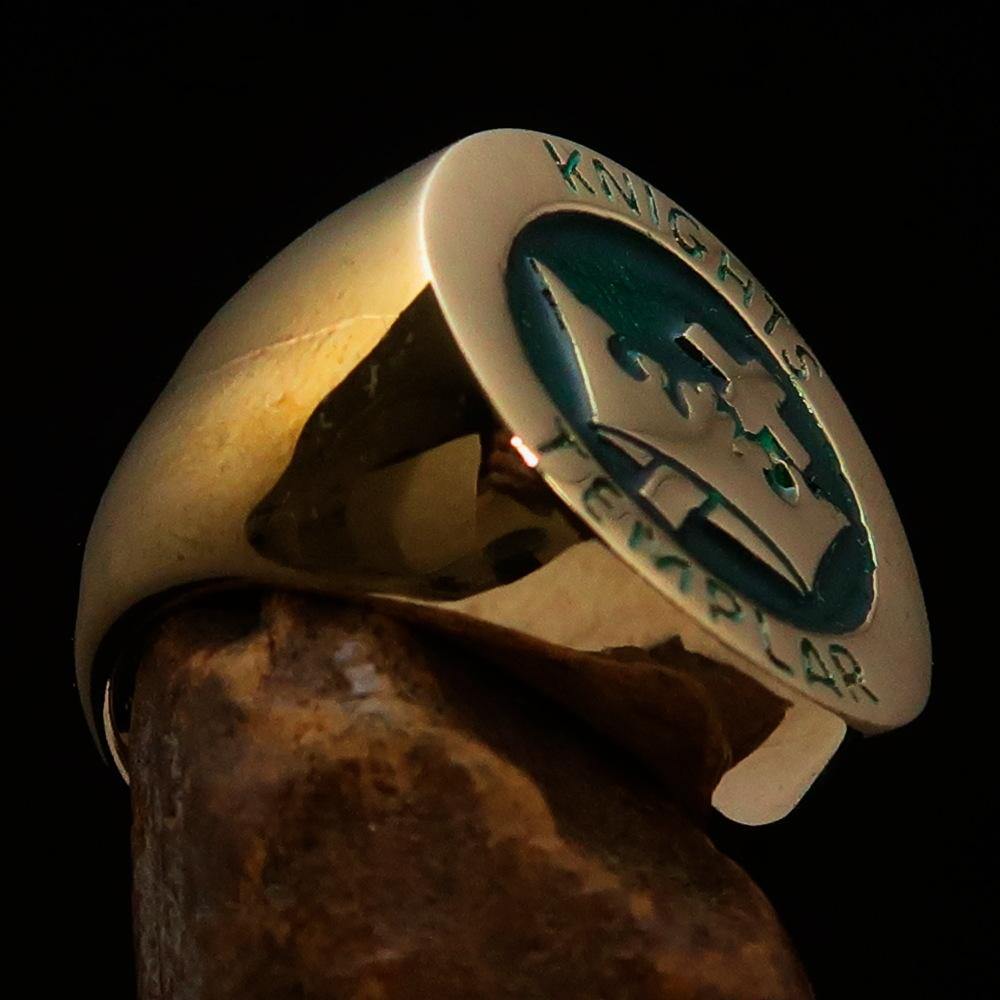 Men's Green Knights Templar Ring made of solid brass with cross and crown design, featuring vibrant green enamel.