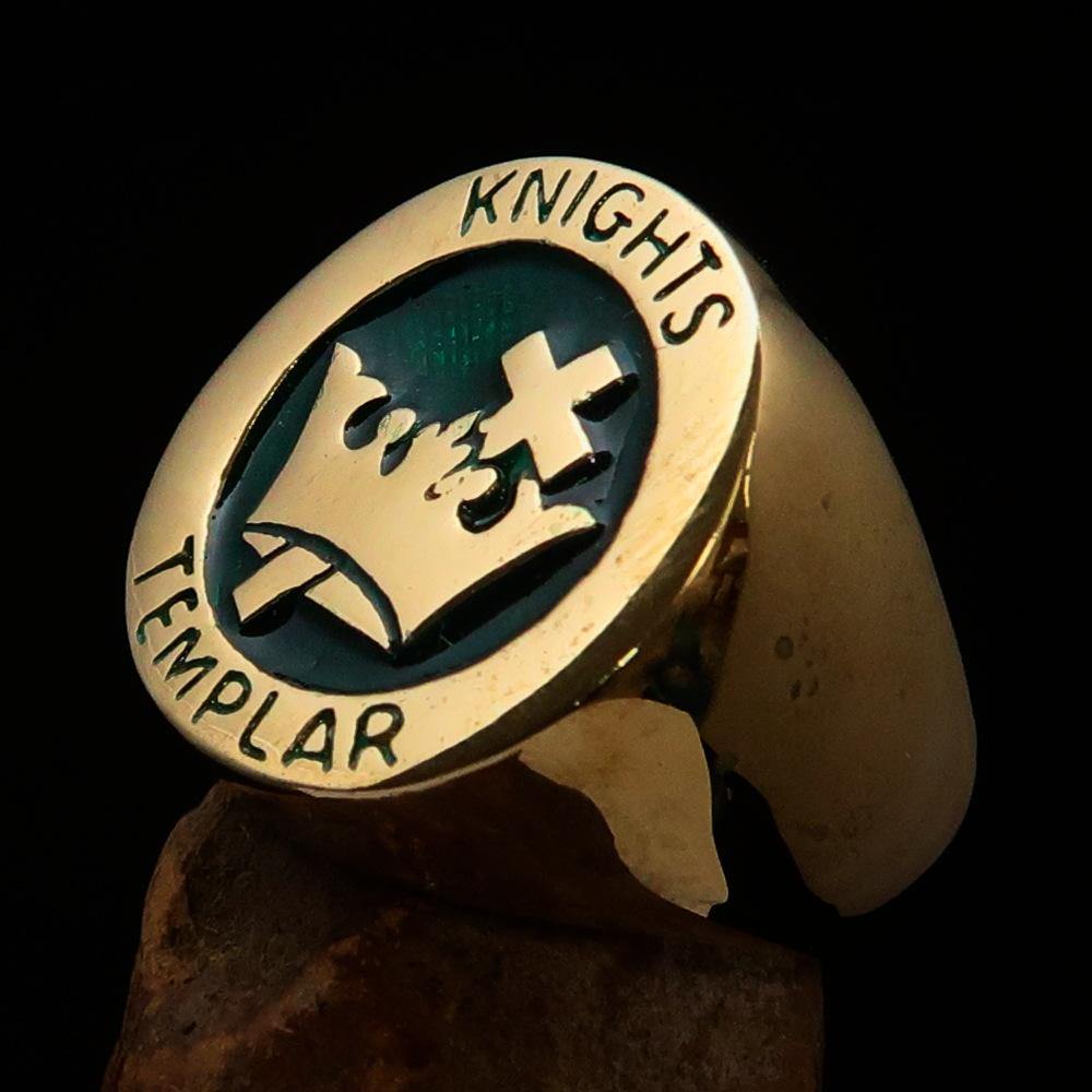 Men's Green Knights Templar Ring made of solid brass with cross and crown design, featuring vibrant green enamel.