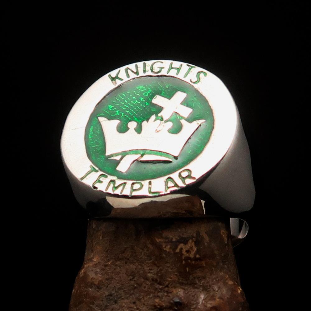 Men's Knights Templar Ring made of solid sterling silver with green enamel, featuring a cross and crown design.