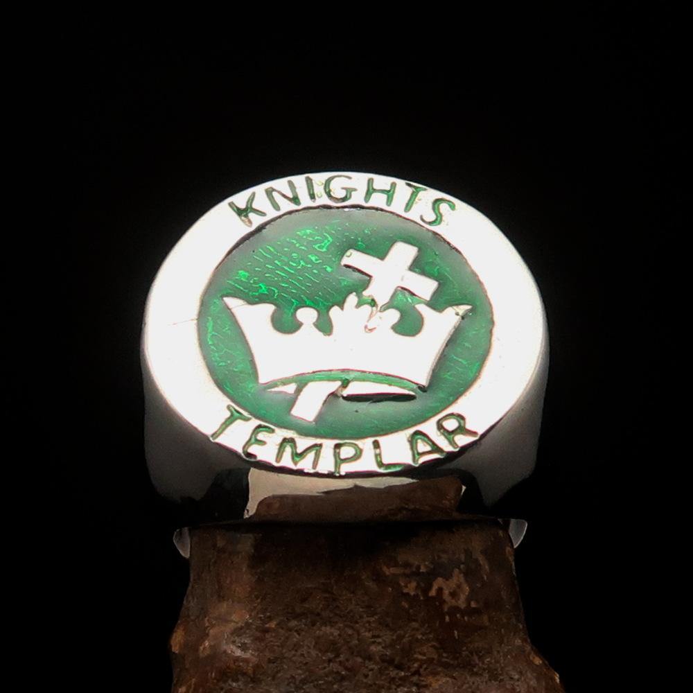 Men's Knights Templar Ring made of solid sterling silver with green enamel, featuring a cross and crown design.