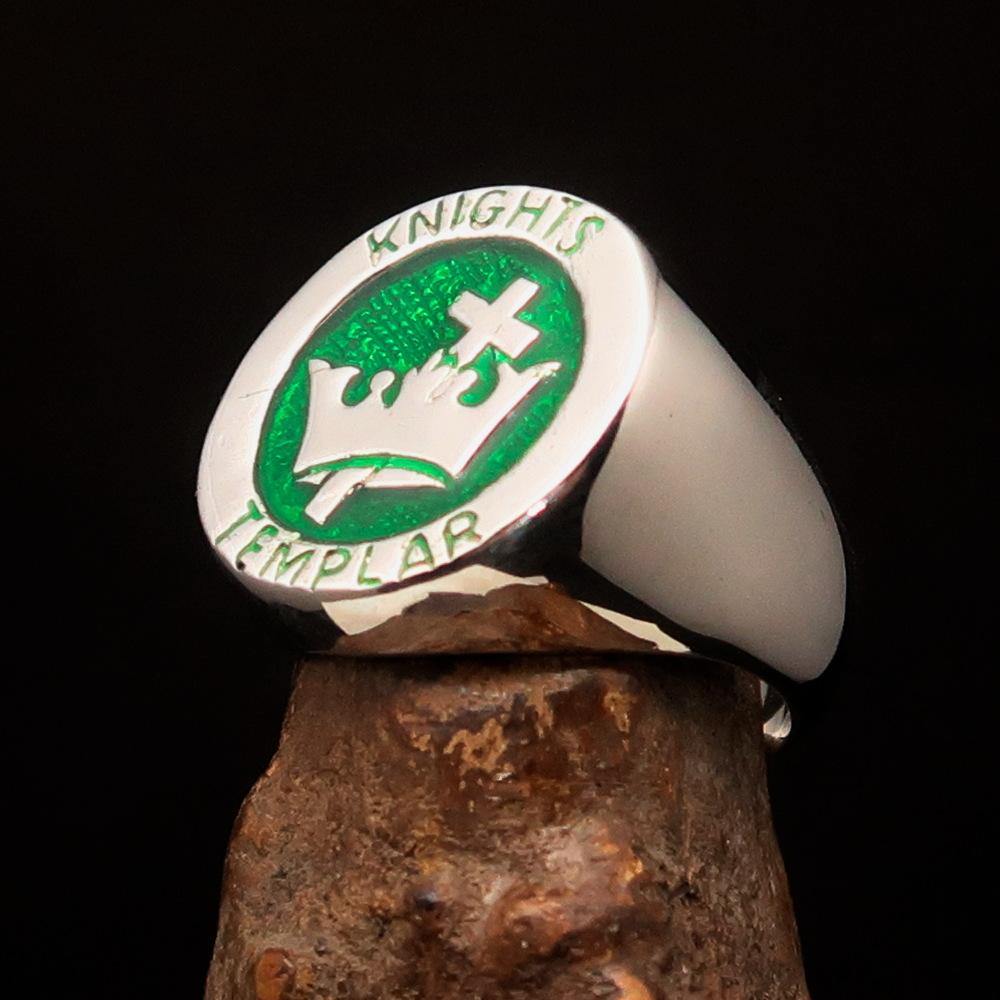 Men's Knights Templar Ring made of solid sterling silver with green enamel, featuring a cross and crown design.