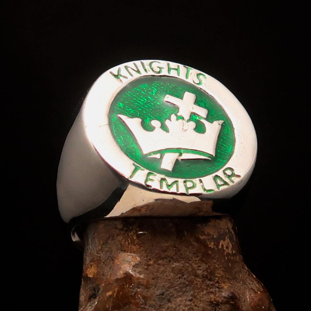 Men's Knights Templar Ring made of solid sterling silver with green enamel, featuring a cross and crown design.