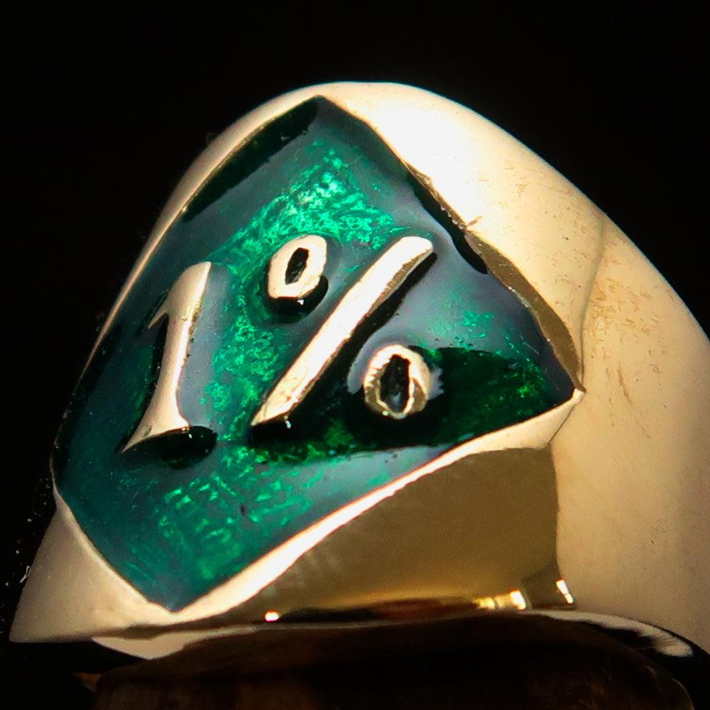 Men's green Outlaw Biker Ring made of solid brass with high polish and enamel finish, featuring a diamond accent.