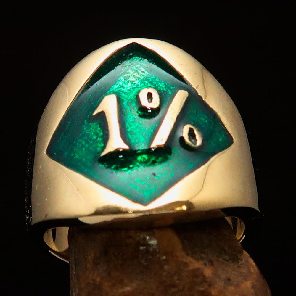 Men's green Outlaw Biker Ring made of solid brass with high polish and enamel finish, featuring a diamond accent.